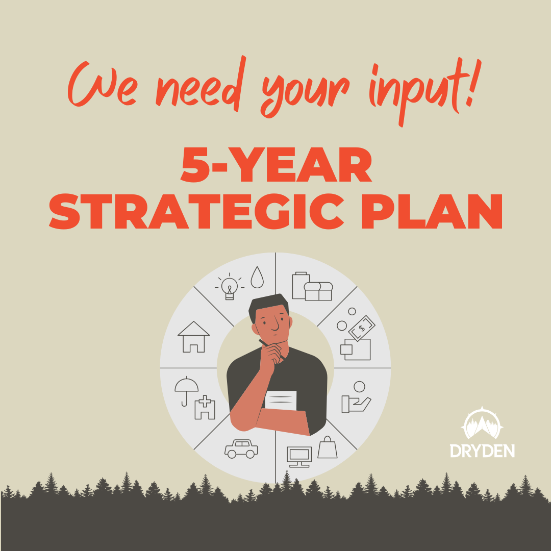 Image of a man thinking about municipal services. Banner reads: We need your input. 5-year strategic plan.