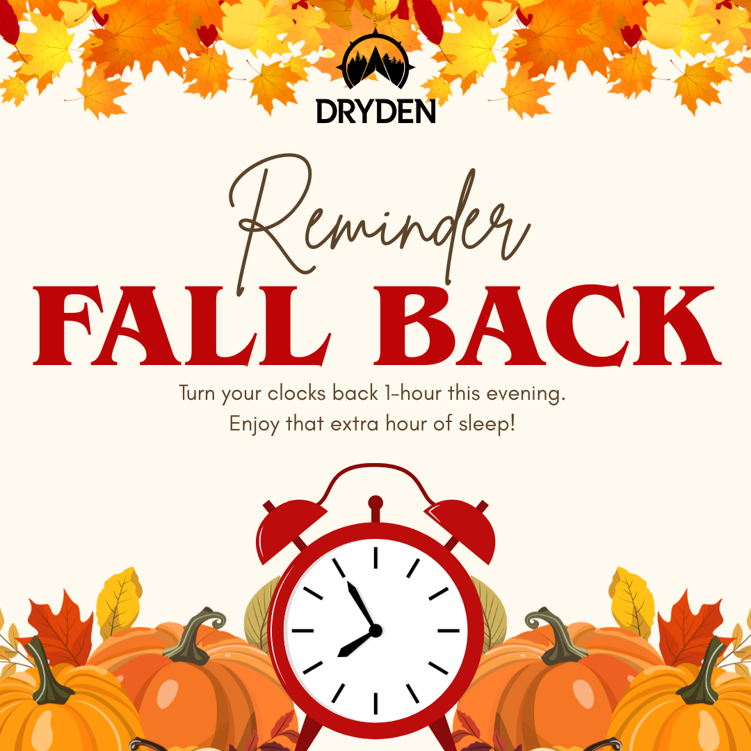 Photo of a clock with fall leaves asking residents to put their clocks back one hour tonight.