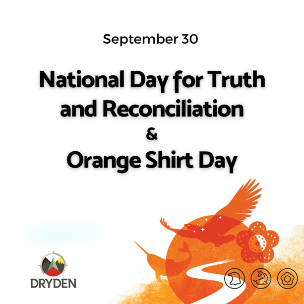 Image for National Day for Truth and Reconciliation and Orange Shirt Day. An eagle, narwhal, and beaded flower represent the First Nations, Inuit, and Metis.